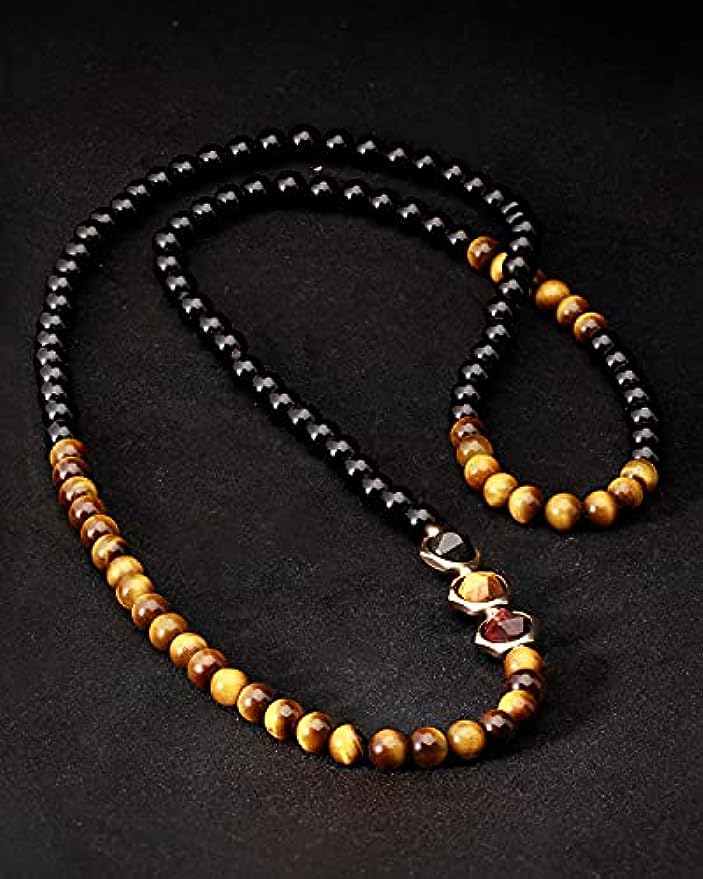 Long Tiger Eye Black Obsidian Chain Necklaces