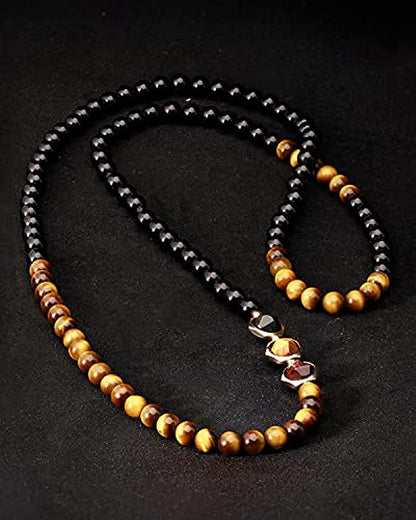 Long Tiger Eye Black Obsidian Chain Necklaces