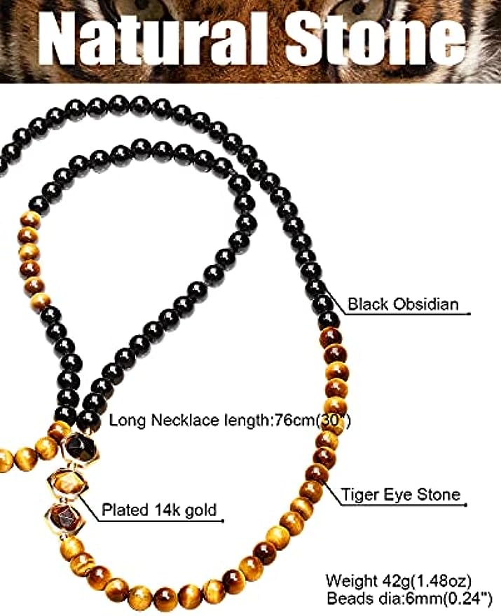 Long Tiger Eye Black Obsidian Chain Necklaces