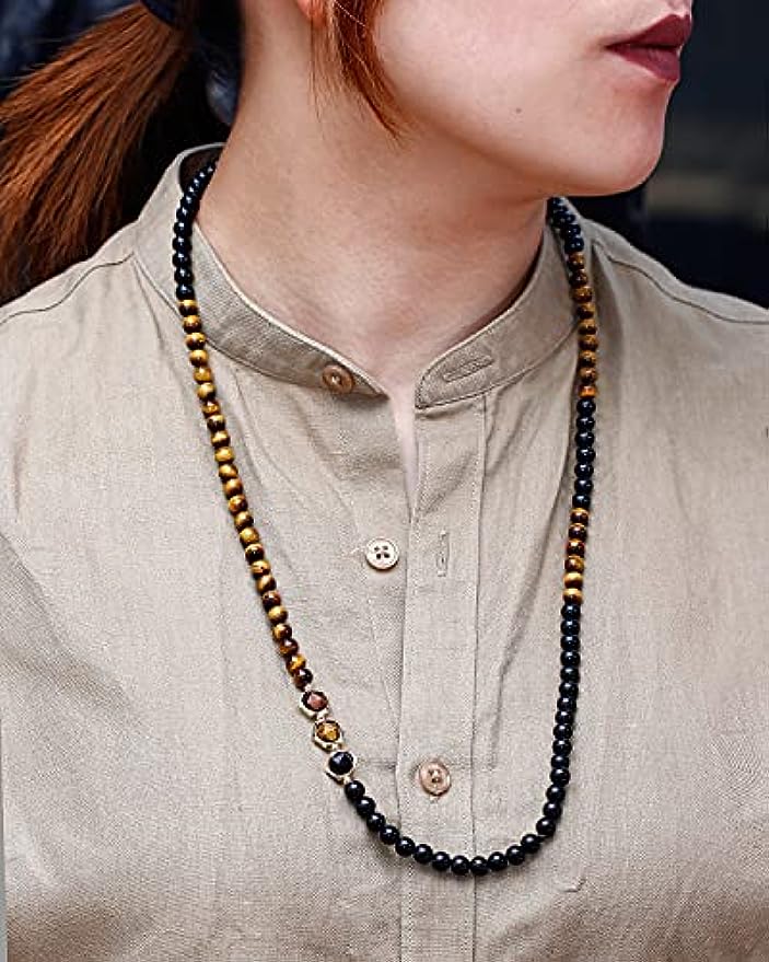 Long Tiger Eye Black Obsidian Chain Necklaces